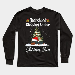 Dachshund Sleeping Under Christmas Tree Funny Xmas Long Sleeve T-Shirt